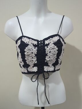 H&M Black Crop Top with Cream Embroidered Detailing